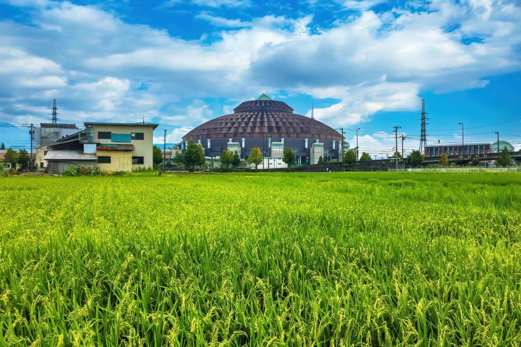 田んぼから見たサンドーム福井
