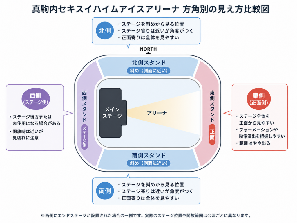 真駒内セキスイハイムアイスアリーナの方角別の見え方比較図。西側にメインステージを配置した場合の北側・南側・東側・西側スタンドの見え方の特徴を示している