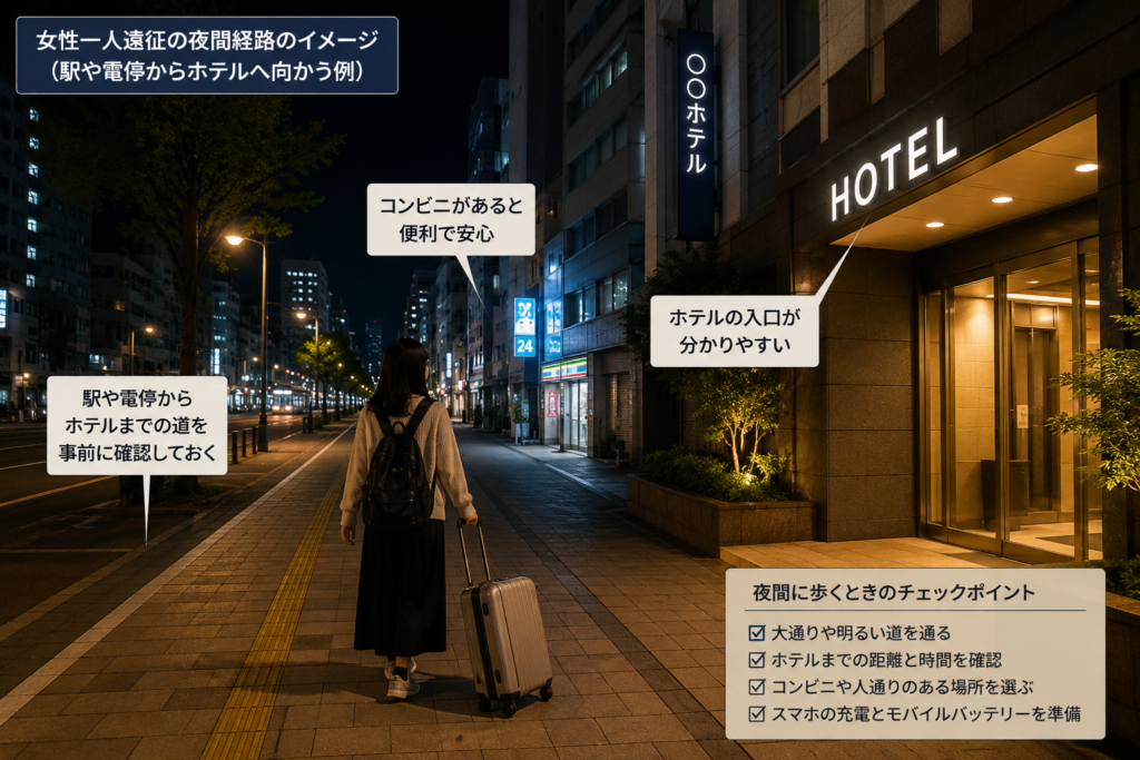 女性一人遠征者が夜間に明るい大通りを通り、駅や電停からホテルへ向かう際の確認ポイントを示した画像