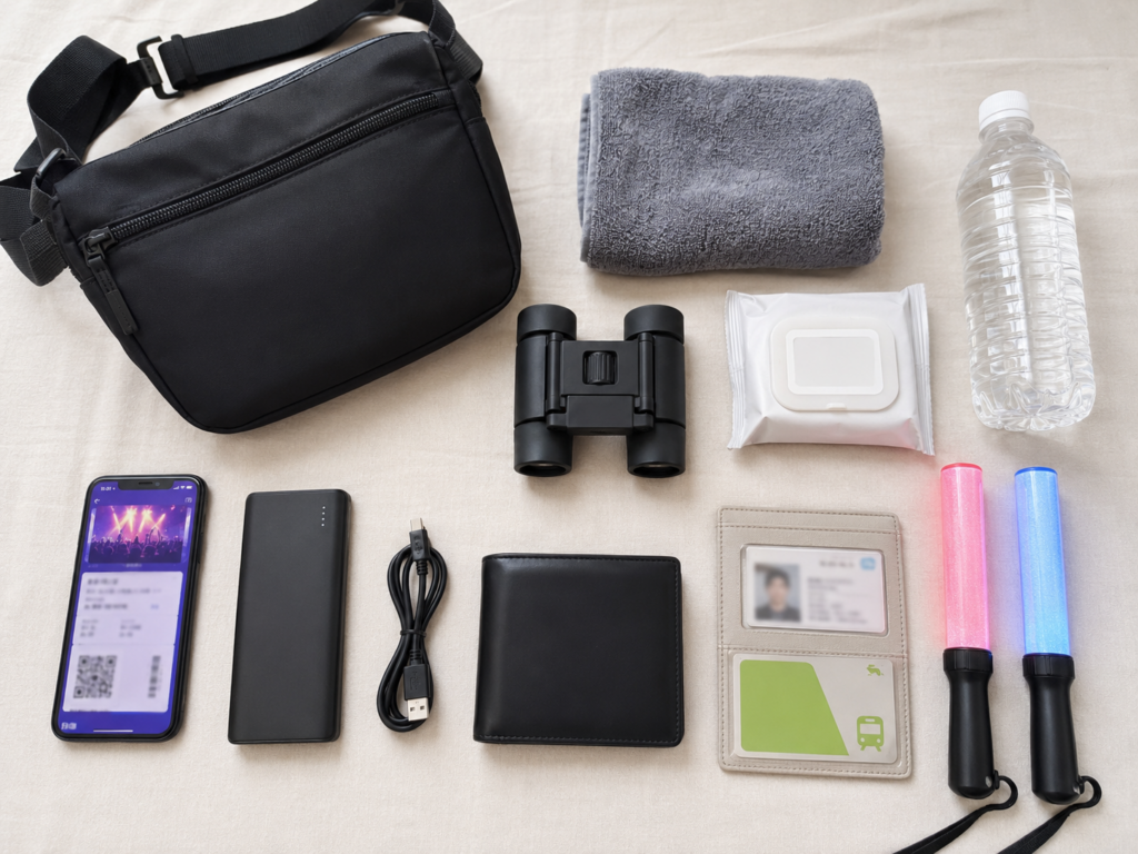 ライブに必要なスマートフォン、モバイルバッテリー、本人確認書類、双眼鏡、ペンライト、タオル、飲み物を並べた持ち物一覧のイメージ