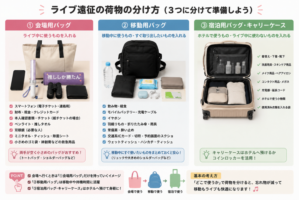ライブ遠征の荷物を会場用バッグ、移動用バッグ、宿泊用バッグ・キャリーケースの3つに分けた図