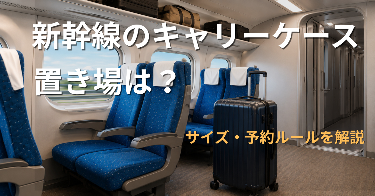 新幹線の車内でキャリーケースの置き場所を確認するイメージ