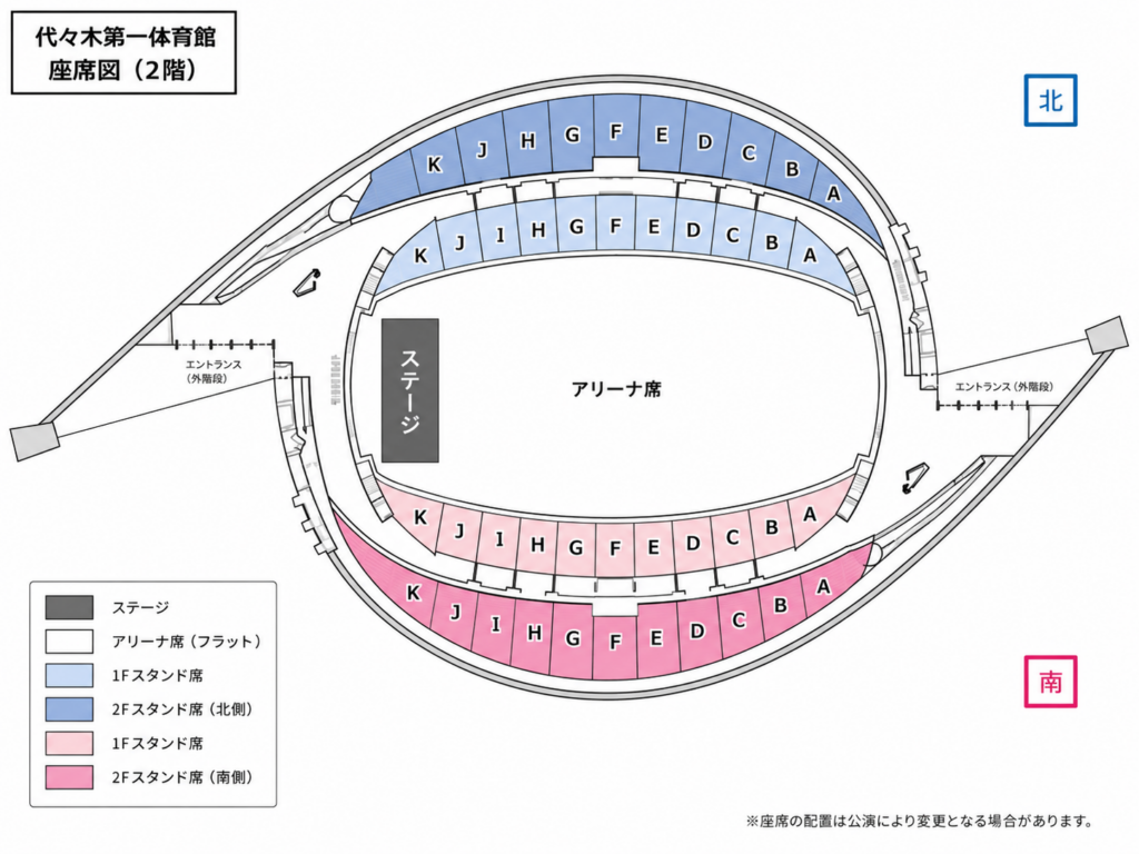 代々木第一体育館の2階座席図。北側スタンドを青、南側スタンドをピンクで示した会場上面図