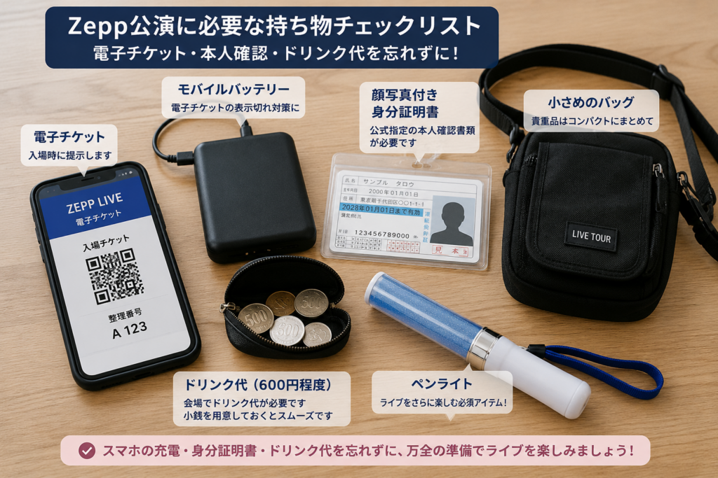 Zepp公演の入場に必要な電子チケット、顔写真付き身分証明書、ドリンク代、モバイルバッテリー、小さなバッグを並べた準備画像
