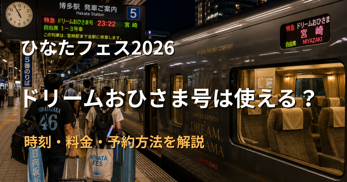 夜の博多駅ホームで宮崎行きのドリームおひさま号に乗り込むひなたフェス2026の遠征客を表したアイキャッチ画像