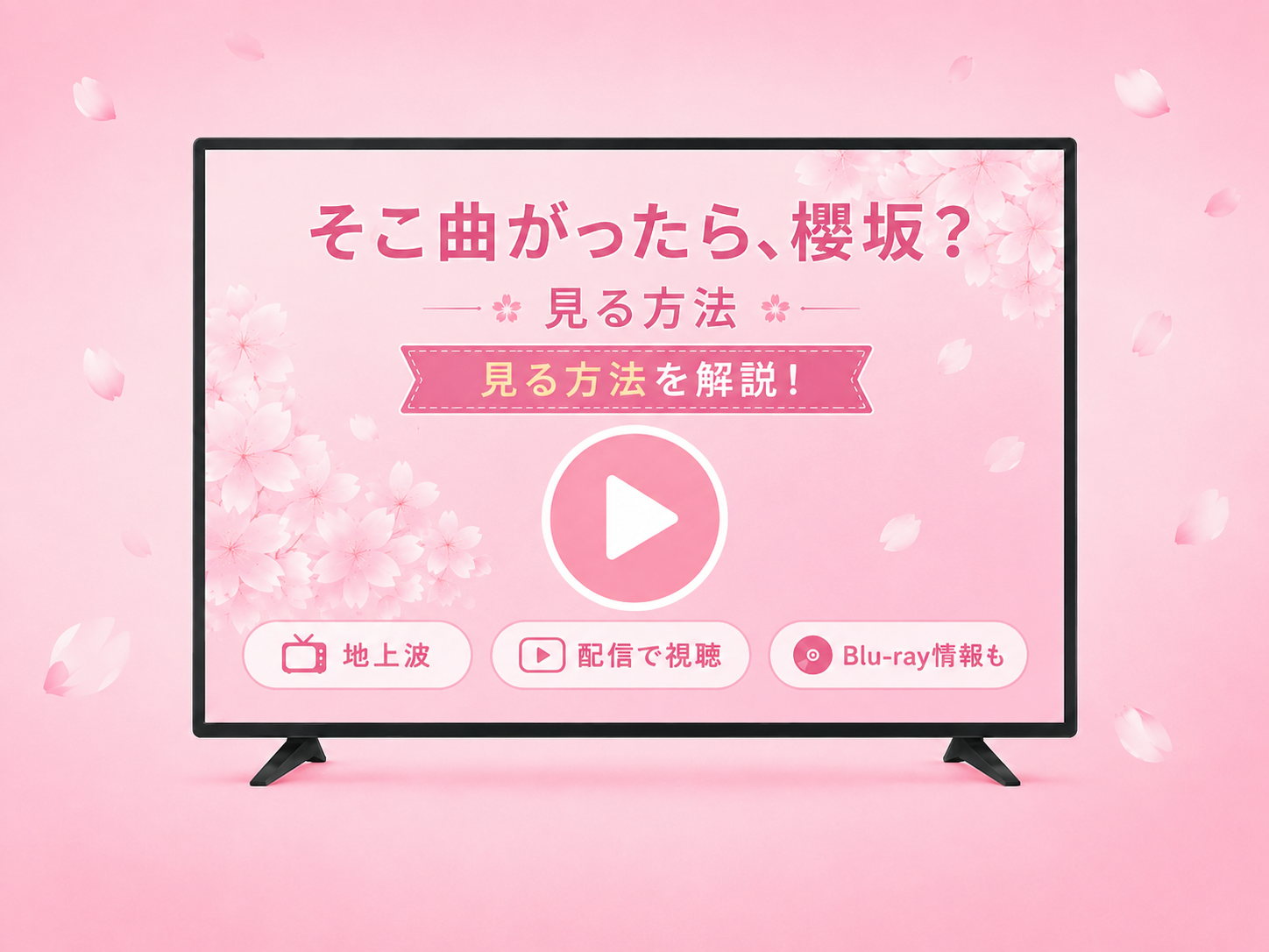 そこ曲がったら櫻坂の見る方法を解説する桜色のテレビ画面イメージアイキャッチ画像