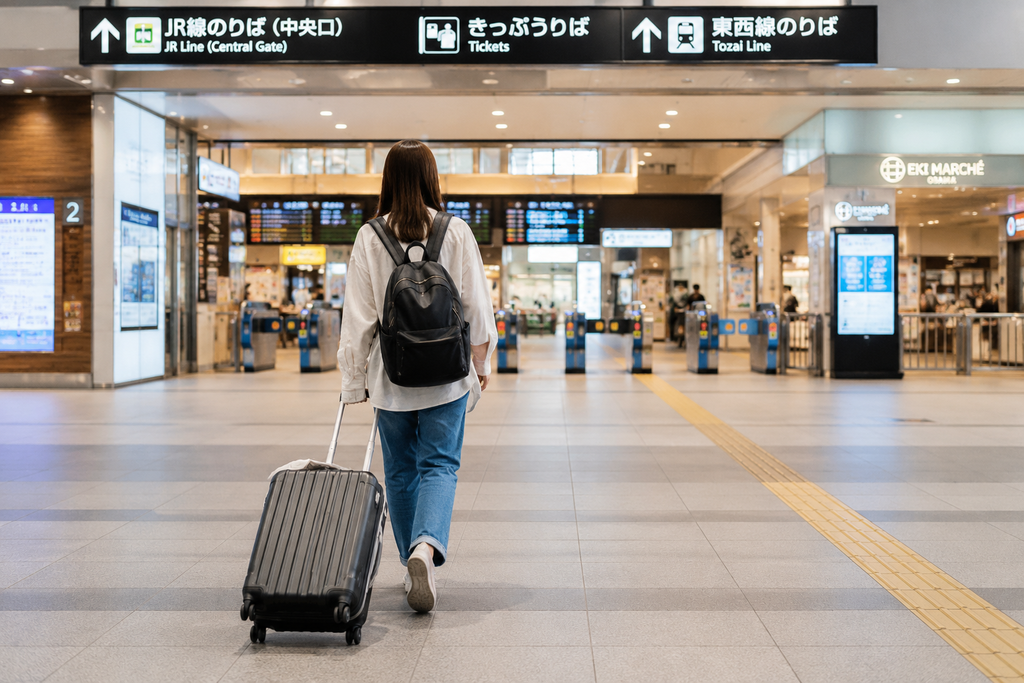 キャリーケースとリュックを持って駅構内を移動するライブ遠征者のイメージ