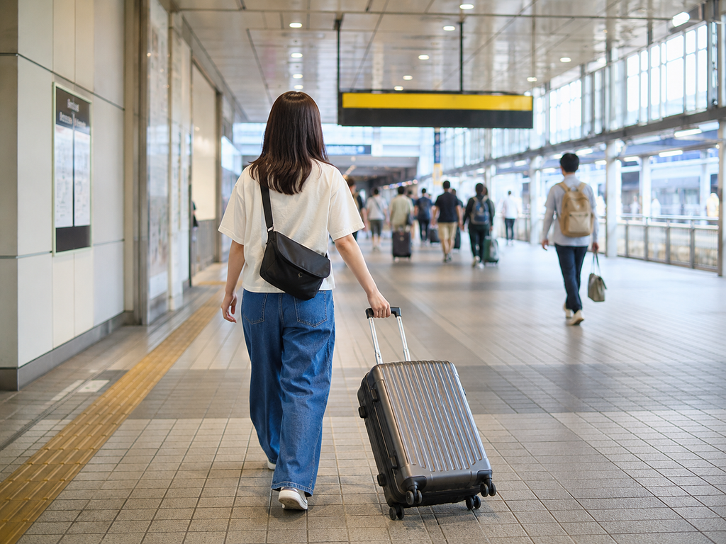 キャリーケースを持って駅構内を移動するライブ遠征の旅行者のイメージ