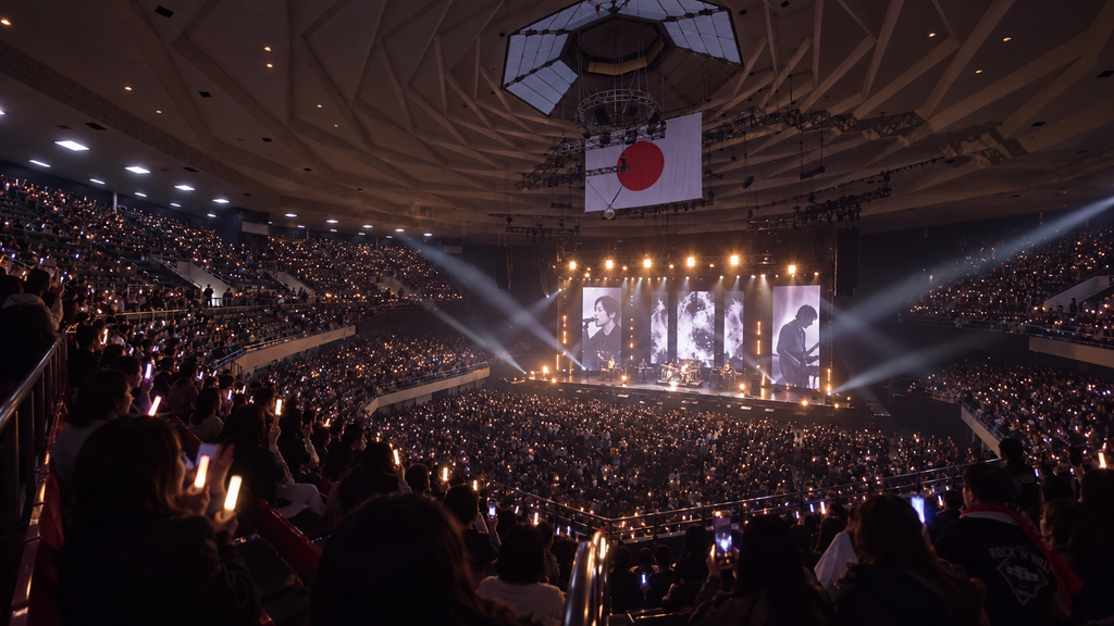 日本武道館2階スタンド南東側から見たアリーナ席とライブステージの見えイメージ
