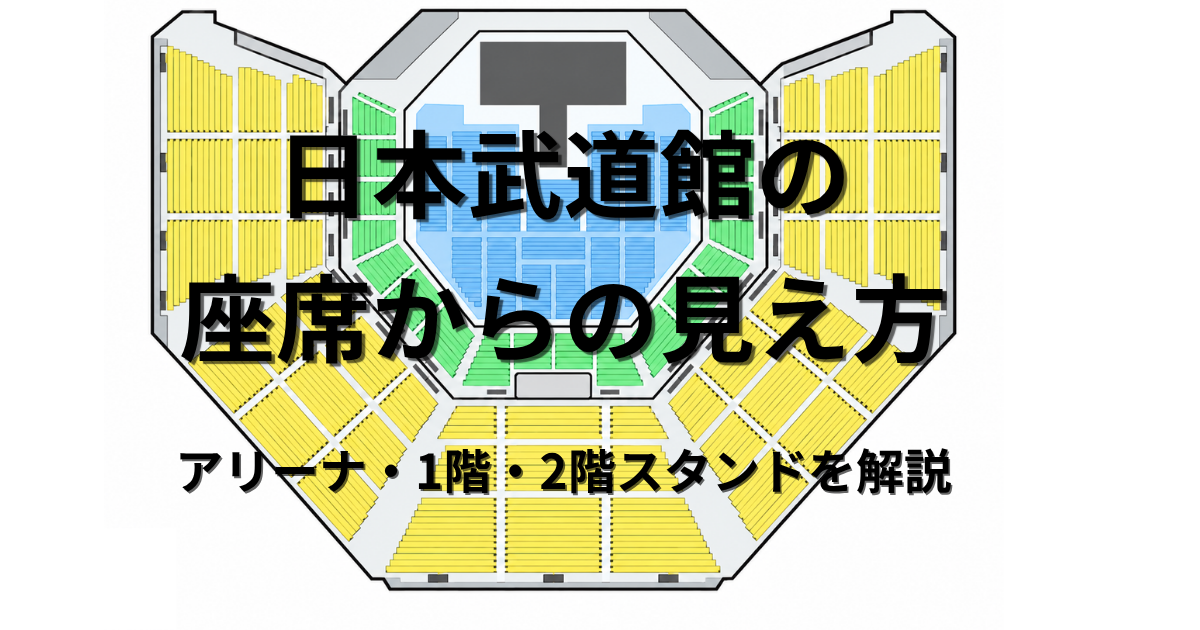 日本武道館の座席図。アリーナ席、1階スタンド席、2階スタンド席の位置を色分けして示した見え方記事用アイキャッチ画像